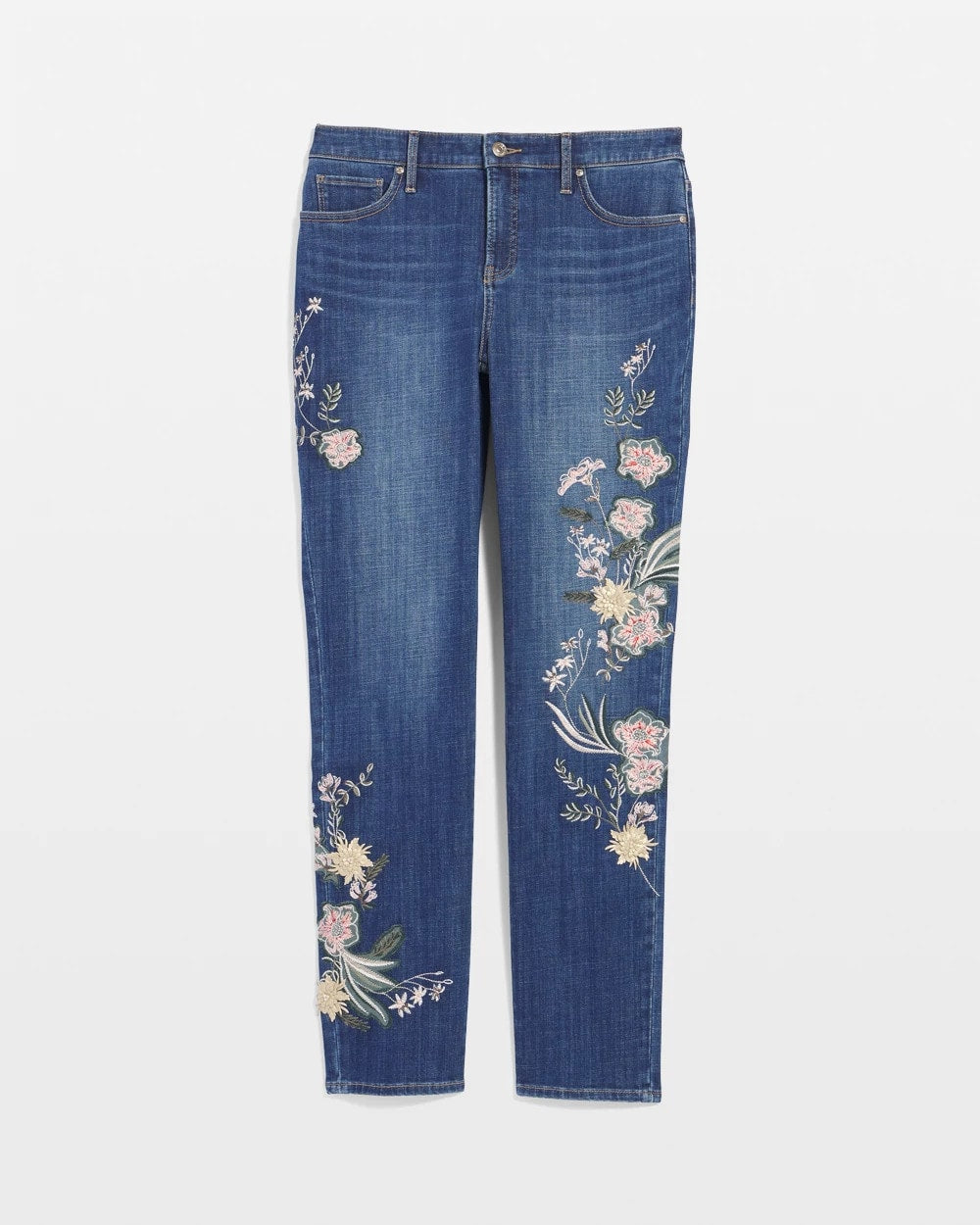Chico's Women | Appliqué Girlfriend Slim Ankle Jeans DRAGON ROAD INDIGO