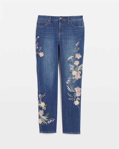 Chico's Women | Appliqué Girlfriend Slim Ankle Jeans DRAGON ROAD INDIGO