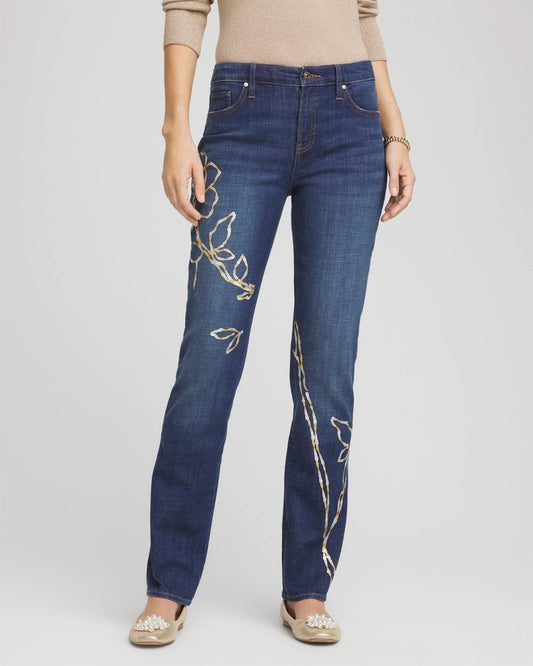 Chico's Women | Sequins Rose Girlfriend Slim-Leg Jeans SEQUOIA INDIGO
