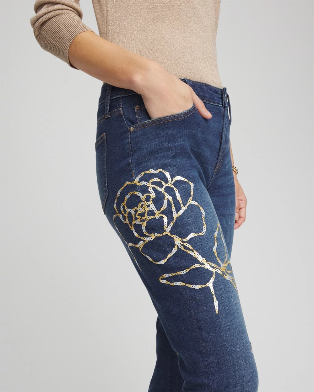 Chico's Women | Sequins Rose Girlfriend Slim-Leg Jeans SEQUOIA INDIGO