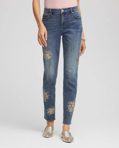 Chico's Women | Embellished Starbursts Girlfriend Slim Ankle Jeans BRILLIANT BLUE INDIGO