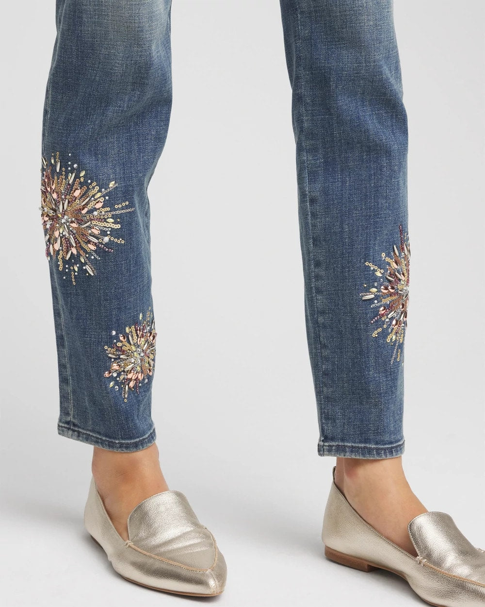 Chico's Women | Embellished Starbursts Girlfriend Slim Ankle Jeans BRILLIANT BLUE INDIGO