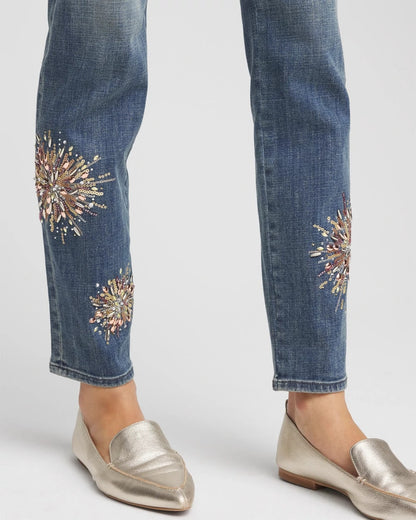 Chico's Women | Embellished Starbursts Girlfriend Slim Ankle Jeans BRILLIANT BLUE INDIGO