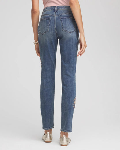 Chico's Women | Embellished Starbursts Girlfriend Slim Ankle Jeans BRILLIANT BLUE INDIGO