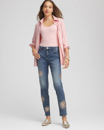 Chico's Women | Embellished Starbursts Girlfriend Slim Ankle Jeans BRILLIANT BLUE INDIGO
