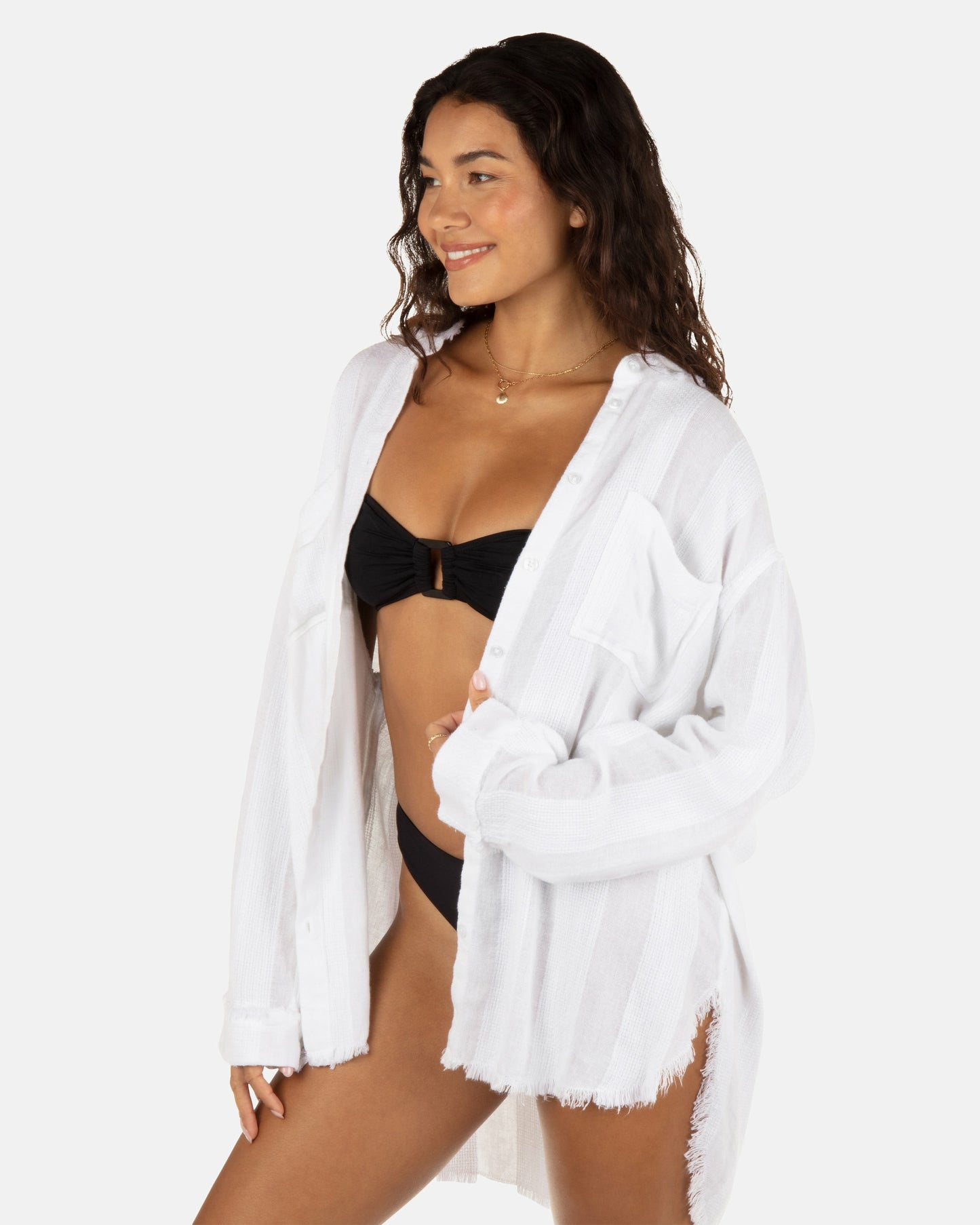 Solid Stripe Gauze Long Sleeve Button Front Shirt