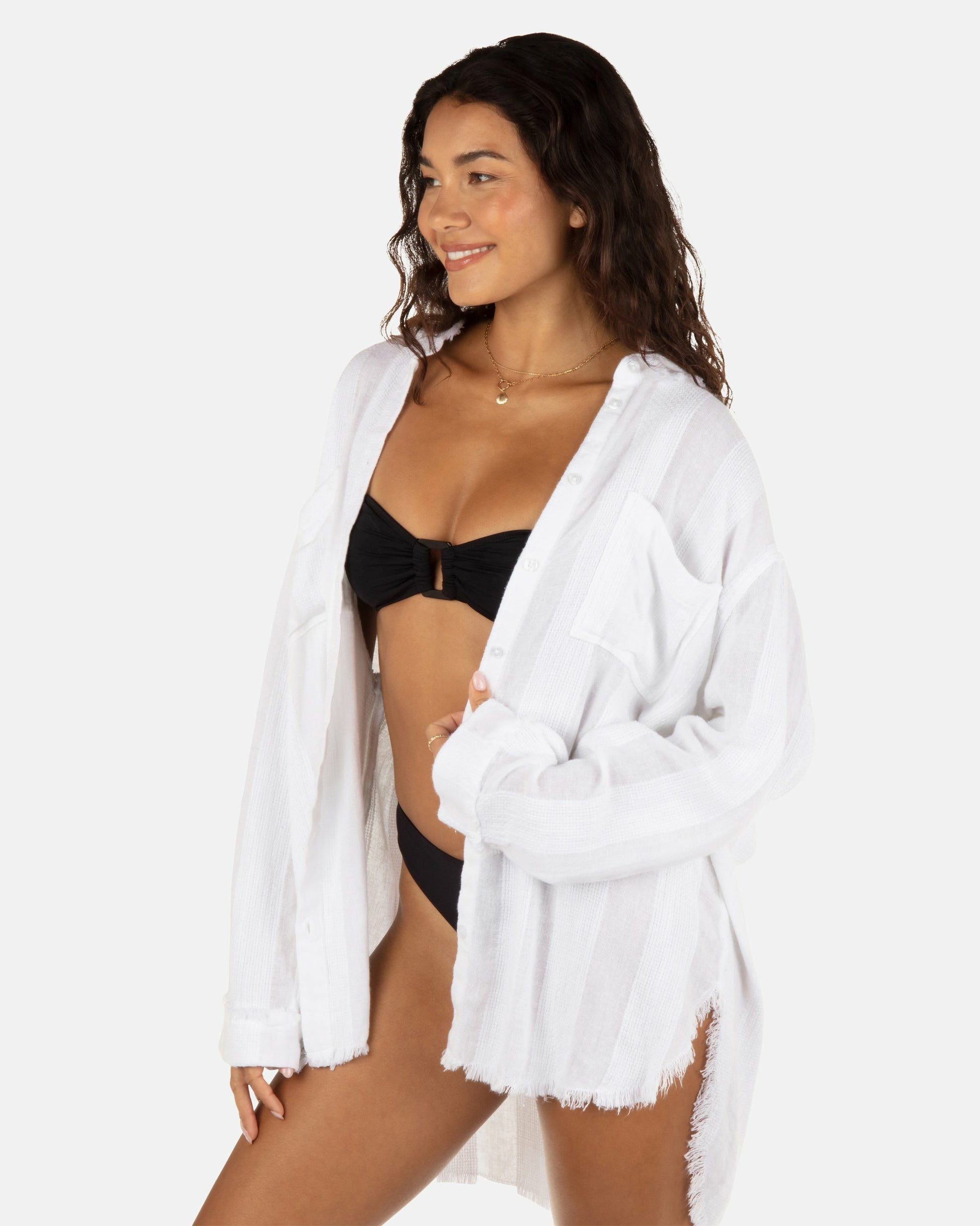 Solid Stripe Gauze Long Sleeve Button Front Shirt